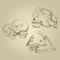 Vector hand drawn food sketch Russian national traditional kitchen pancakes.