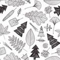 Vector hand drawn forest seamless pattern with autumn elements contours foliage, trees, leaves Line art design, doodle Royalty Free Stock Photo