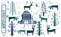 Vector hand drawn forest winter set. Elements for the design of Christmas pine, spruce, deer, house forester. Doodle style.