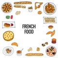 Vector hand drawn of french food. Colorful set of French dishes and bakery with croissant, macaron, profiterole, baguette,