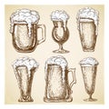 Vector hand drawn full beer glasses with dropping froth. beer mugs illustration in vintage style isolated on grunge