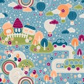 Vector hand drawn funny city pattern