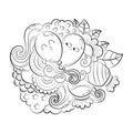 Vector hand drawn funny heart, cat, bird, sweet, cloud, balloon, butterfly illustration for adult coloring book. Sketch Royalty Free Stock Photo