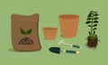 Vector Hand Drawn Garden Tools Set. Web Banner Transplanting a plant to a new location. Gardening Elements Plant with