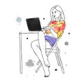 Vector hand drawn graphic illustration of cute watercolor girl, laptop, blots, drops. Black and white silhouette of beautiful