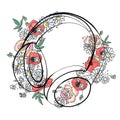 Vector hand drawn graphic illustration of headphones with flowers, leaves Sketch drawing, doodle style. Artistic abstract line art Royalty Free Stock Photo