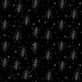 Vector hand-drawn gray ants on a dark black background, seamless pattern with bread crumbs and sand.