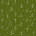 Vector hand-drawn gray ants on a dark green background, seamless pattern with bread crumbs and sand.