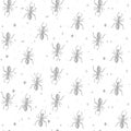 Vector hand-drawn gray ants on a light white background, seamless pattern with bread crumbs and sand.