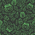 Vector hand drawn green alchemy bottles seamless pattern on the dark gray spider web background.