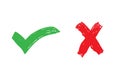 Vector hand drawn of green check mark and red cross mark isolated right and wrong icon