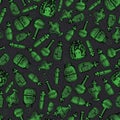 Vector hand drawn green witchy bottles seamless pattern.