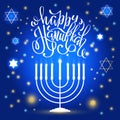 Vector hand drawn greeting card Happy Hanukkah. Calligraphy on black background. Hand lettering illustration. Royalty Free Stock Photo