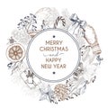 Vector hand drawn greeting card. Merry Christmas and Happy New Year. Winter seasoning. Vintage engraved art. Royalty Free Stock Photo