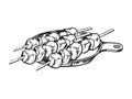 Vector hand drawn grilled kebab, ink food illustration with three skewers with meat barbecue kebab, black and white