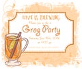 Vector hand drawn grog party invitation card, vintage frame, glass and leaves