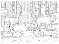 Vector hand drawn habitat forest with wolves outline illustration