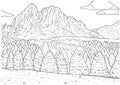 Vector hand drawn habitat pine forest and mountains outline illustration Royalty Free Stock Photo