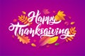 Vector Hand drawn Lettering Happy Thanksgiving typography poster with fallen leaves on purple background Royalty Free Stock Photo