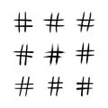 Vector Hand Drawn Hash Tags, Doodle Signs Collection, Black Rough Lines Isolated on White Background.