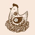 Vector hand drawn hen in a nest in retro style. Ornate doodle of domestic birds