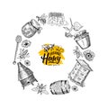 Vector hand drawn honey elements in circle form
