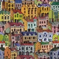 Vector hand drawn houses seamless pattern. Cartoon buildings background