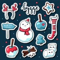 Cute doodle hygge stickers. Vector hand drawn stickers with hygge lettering and cozy things snowman, deer antlers