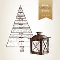 Vector hand drawn illustartion of plywood fir tree and lantern. Vintage engraved style. Christmas decoration.