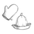 Vector hand-drawn illustration of accessories for Russian bathhouse isolated on white. Sketch of a felt hat and mitten for Finnish