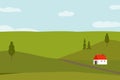 Vector hand drawn illustration of Alps valley with green grassland trees meadows rural house blue sky with clouds. Travel hiking