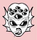 Vector hand drawn illustration of angry alien with many eyes isolated