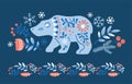 Vector hand drawn illustration of animals in Nordic Scandinavian style hygge. Silhouette of bear with a floral pattern Royalty Free Stock Photo