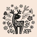 Vector hand drawn illustration of animals in Nordic style hygge. Silhouette of a deer in a floral pattern in a folk