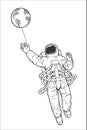 Vector hand-drawn illustration with an astronaut trying to catch a ball by a string. Sketch of a cosmonaut who released a planet f