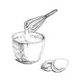 Vector hand-drawn illustration of beaten eggs in a bowl, isolated on a white background. The process of cooking in the style of a Royalty Free Stock Photo