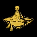 Vector hand drawn illustration of beautiful alien on the flying saucer isolated