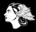 Vector hand drawn illustration of beautiful woman with wing