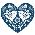 Vector hand drawn illustration of birds in folk style. Silhouettes of ornate bird kissing among branches and flowers Royalty Free Stock Photo