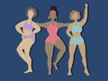 Vector hand drawn illustration. body-positive women of different races show bodies in swimsuits. flat trending illustration f