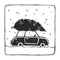 Vector hand-drawn illustration of car with Christmas tree. Sketch with New Year symbol for create stamp