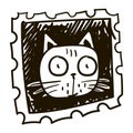 Vector hand-drawn illustration of a cartoon cat in the style of linocut, strokes with a pen. A stamp with a Halloween Royalty Free Stock Photo