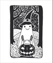 Vector hand-drawn illustration with a child dressed as a ghost. Trick-or-Treater in Halloween costume with lantern pumpkin in