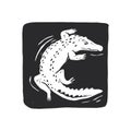 Vector hand-drawn illustration of crocodile on water. Sketch in frame with reptile. Biological stamp design. Australian animal