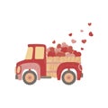 Vector hand drawn illustration of cute car with pink and red hearts for Valentine`s Day. Colorful truck with flying hearts clip