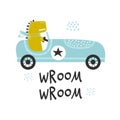 Vector hand-drawn illustration of a cute funny dinosaur rides in a retro racing car and text. Wroom wroom lettering