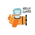 Vector hand-drawn illustration of a cute funny lion flying in an airplane and text. Animal pilots. Hello clouds