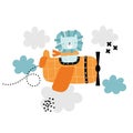 Vector hand-drawn illustration of a cute funny lion flying in an airplane, clouds and crosses. Animal pilots. Greeting