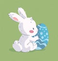 Vector hand drawn illustration with cute little baby rabbit & big easter egg isolated on green background. Royalty Free Stock Photo