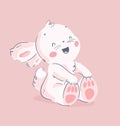 Vector hand drawn illustration with cute little baby rabbit sit and laugh isolated on pink background. Royalty Free Stock Photo